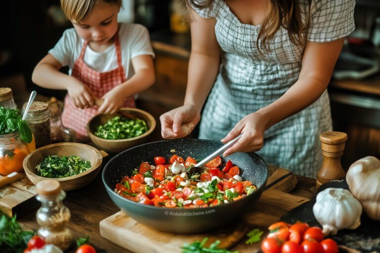 Parent and child working in kitchen preparing a meal together