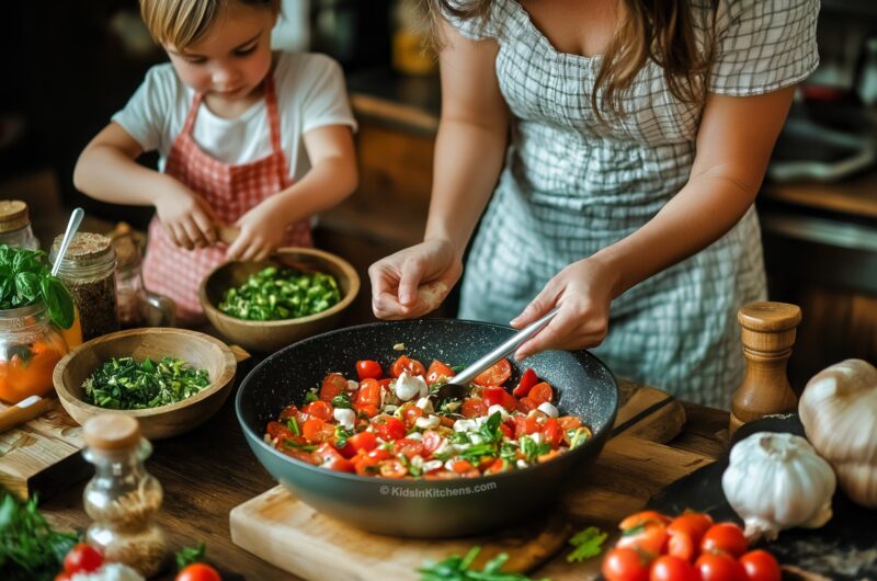 Parent and child working in kitchen preparing a meal together