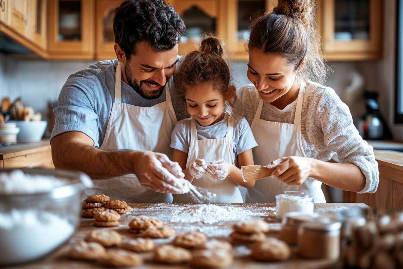 Parents teaching daughter how to make cookies