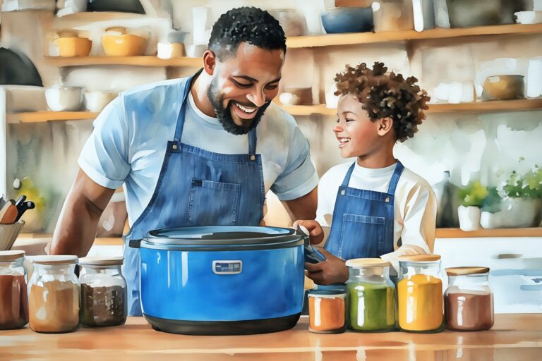 slow cooker with Dad and son