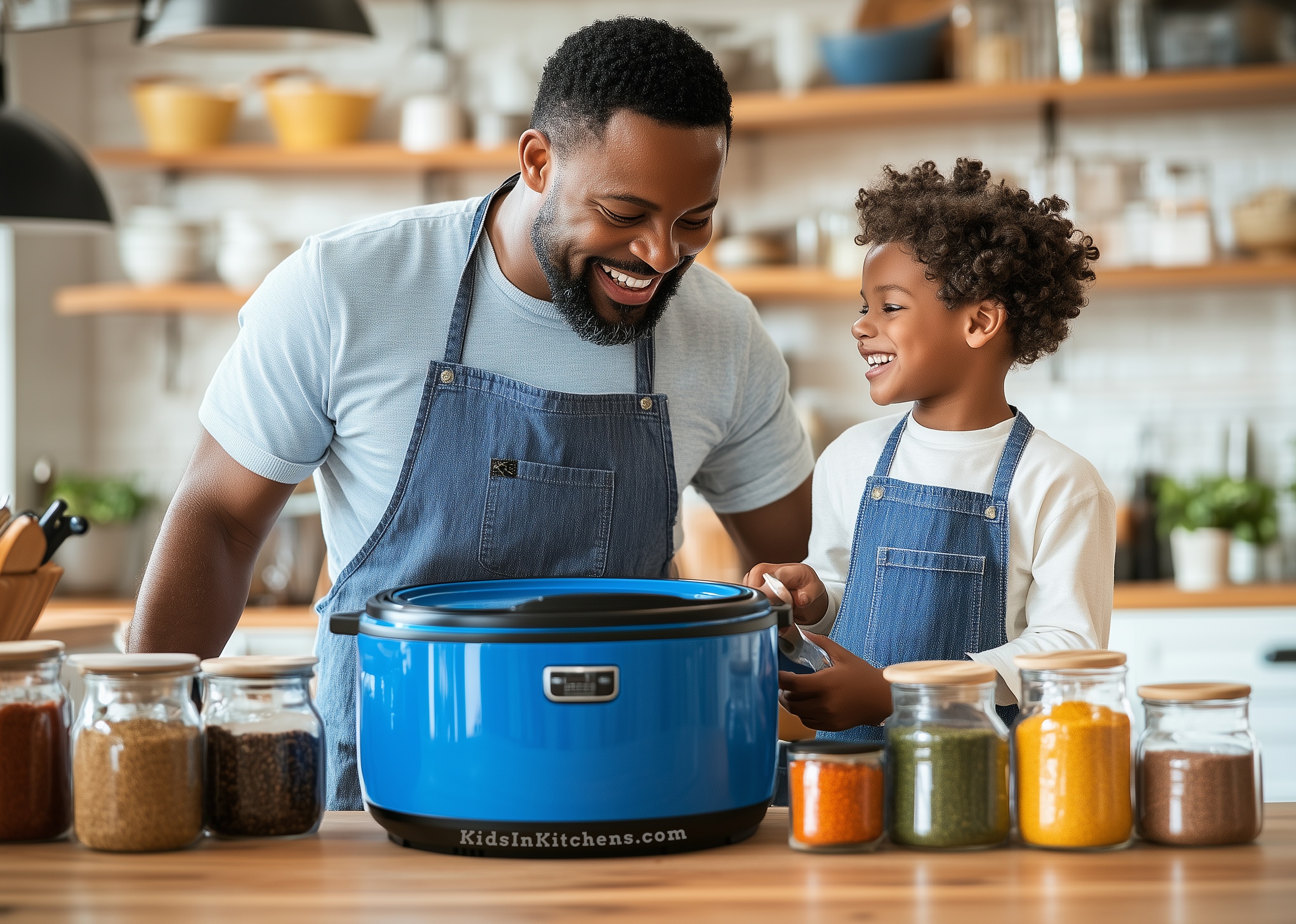 Dad and Kid preparing slow cooker meal